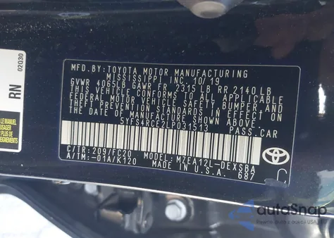 2020 Toyota Corolla Se z USA, uszkodzony, nr VIN 5YFS4RCE2LP031513